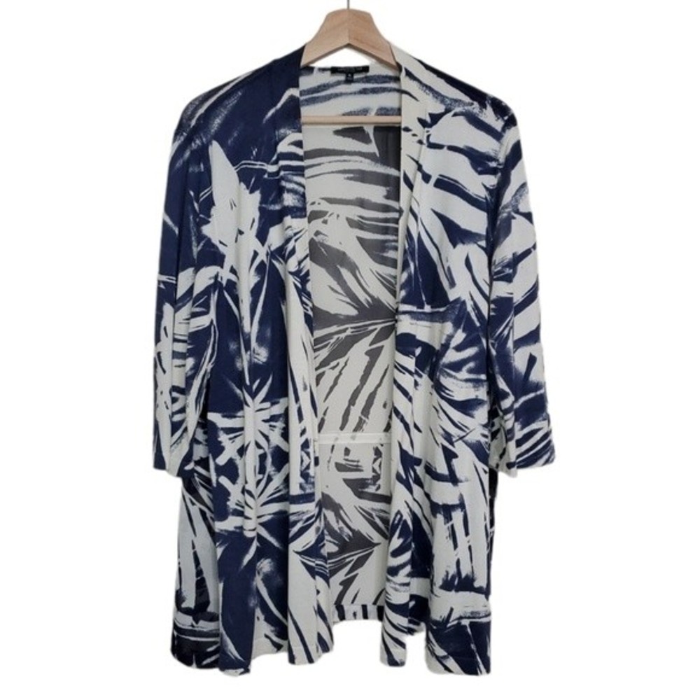 Lafayette 148 New York Navy and White Abstract Palm-Print Open Cardigan